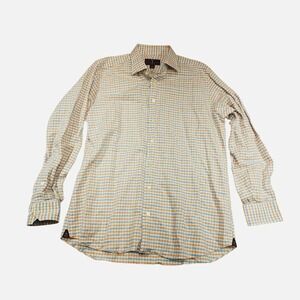 Robert Talbott Dress Shirt Mens 17 Blue Gingham Linen Tailored Long Sleeve